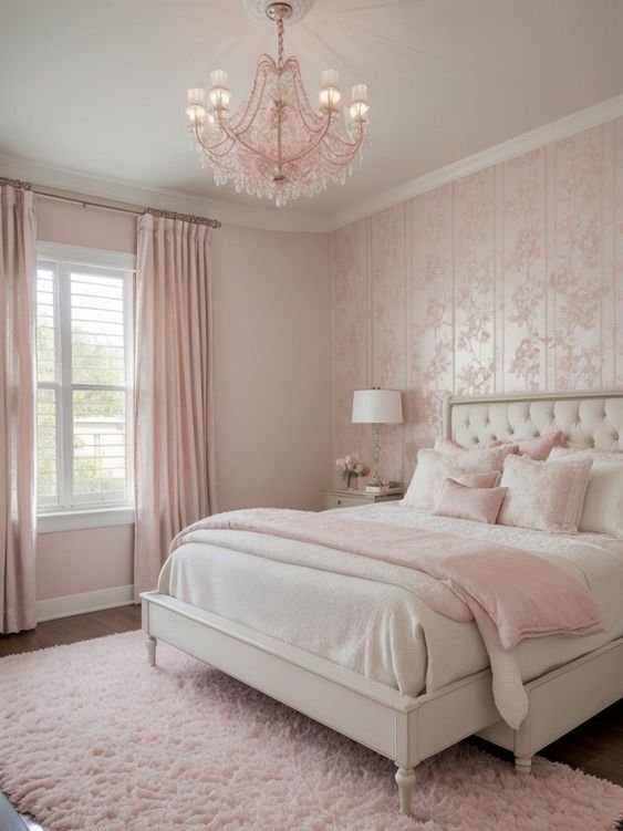 Bedroom featuring blush pink walls